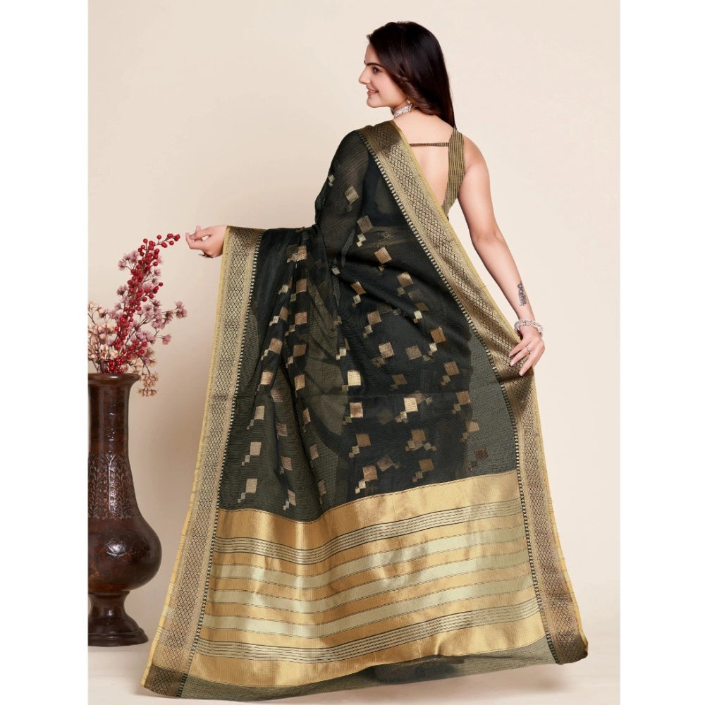 Amfyn Women's Silk Blend Printed Banarasi Saree With Unstitched Blouse (5.5Mtr, Black)