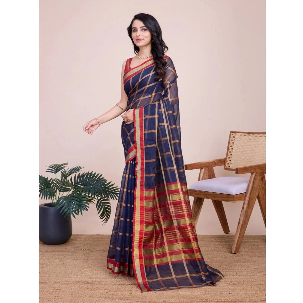 Amfyn Women's Cotton Silk Checkered Kota Doria Saree With Unstitched Blouse (5.5Mtr, Navy Blue)