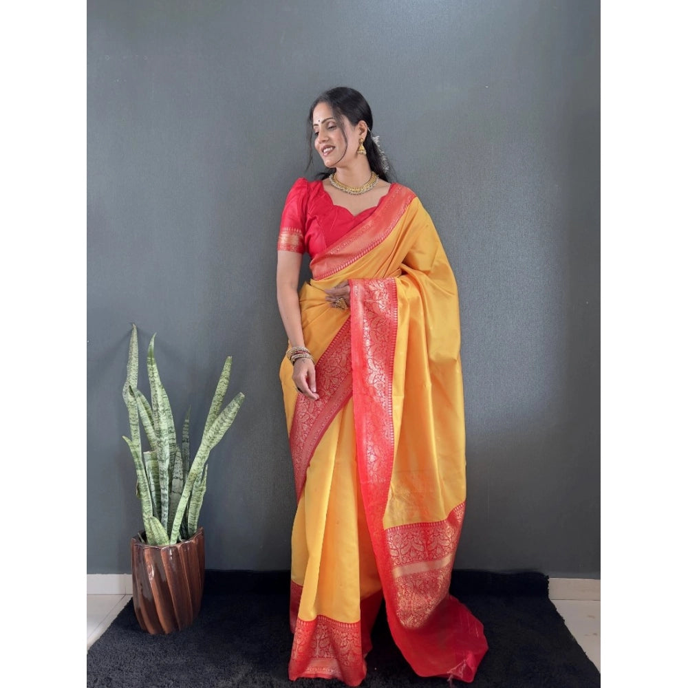 Amfyn Women's Silk Blend Woven Kanjivaram Saree With Unstitched Blouse (5.5Mtr, Yellow Red)