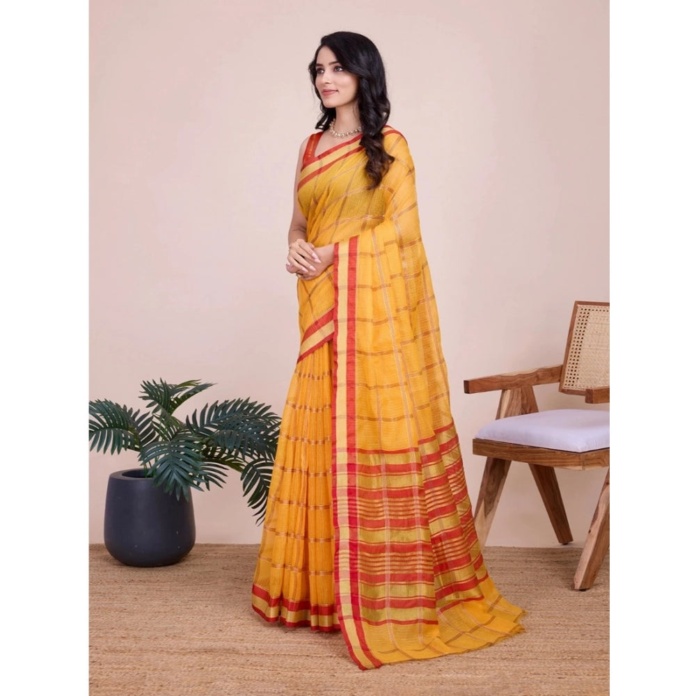 Amfyn Women's Cotton Silk Checkered Kota Doria Saree With Unstitched Blouse (5.5Mtr, Yellow)