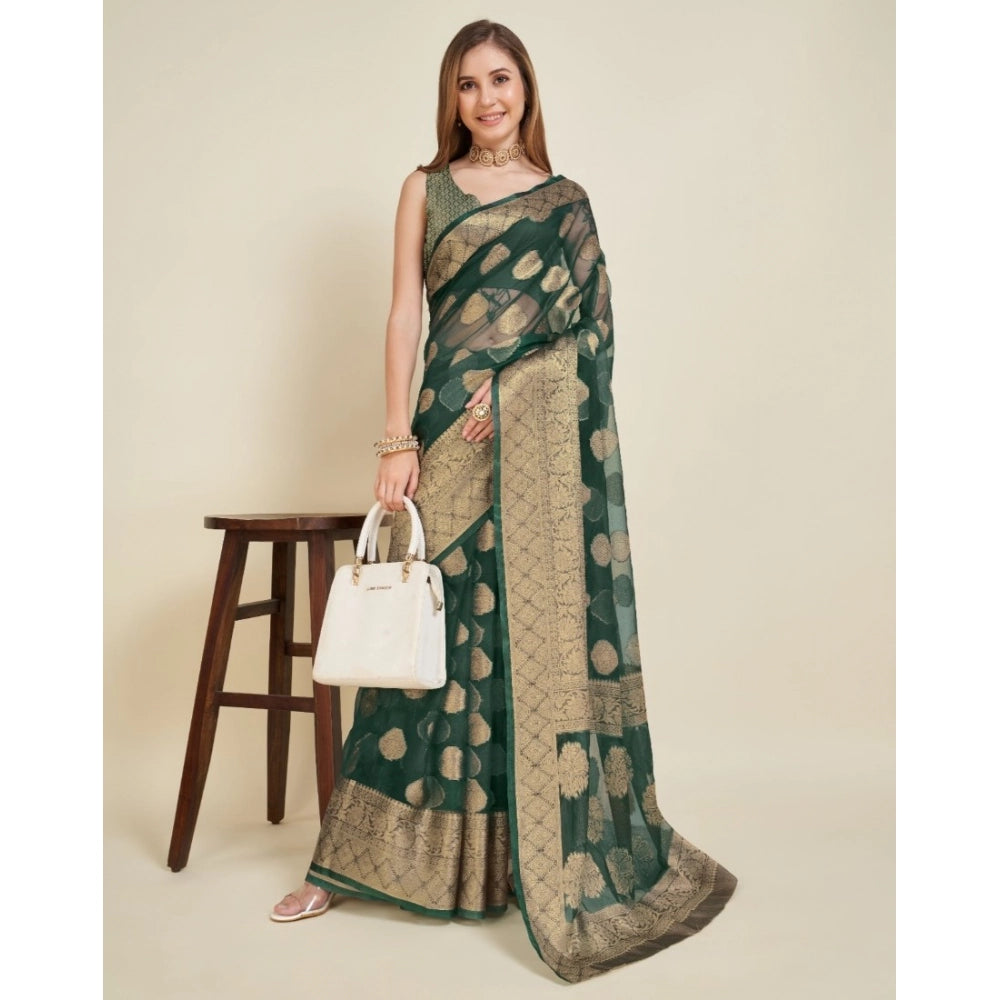 Amfyn Women's Soft Organza Silk Weaving Design Saree With Unstitched Blouse 5.5Mtr (Green)