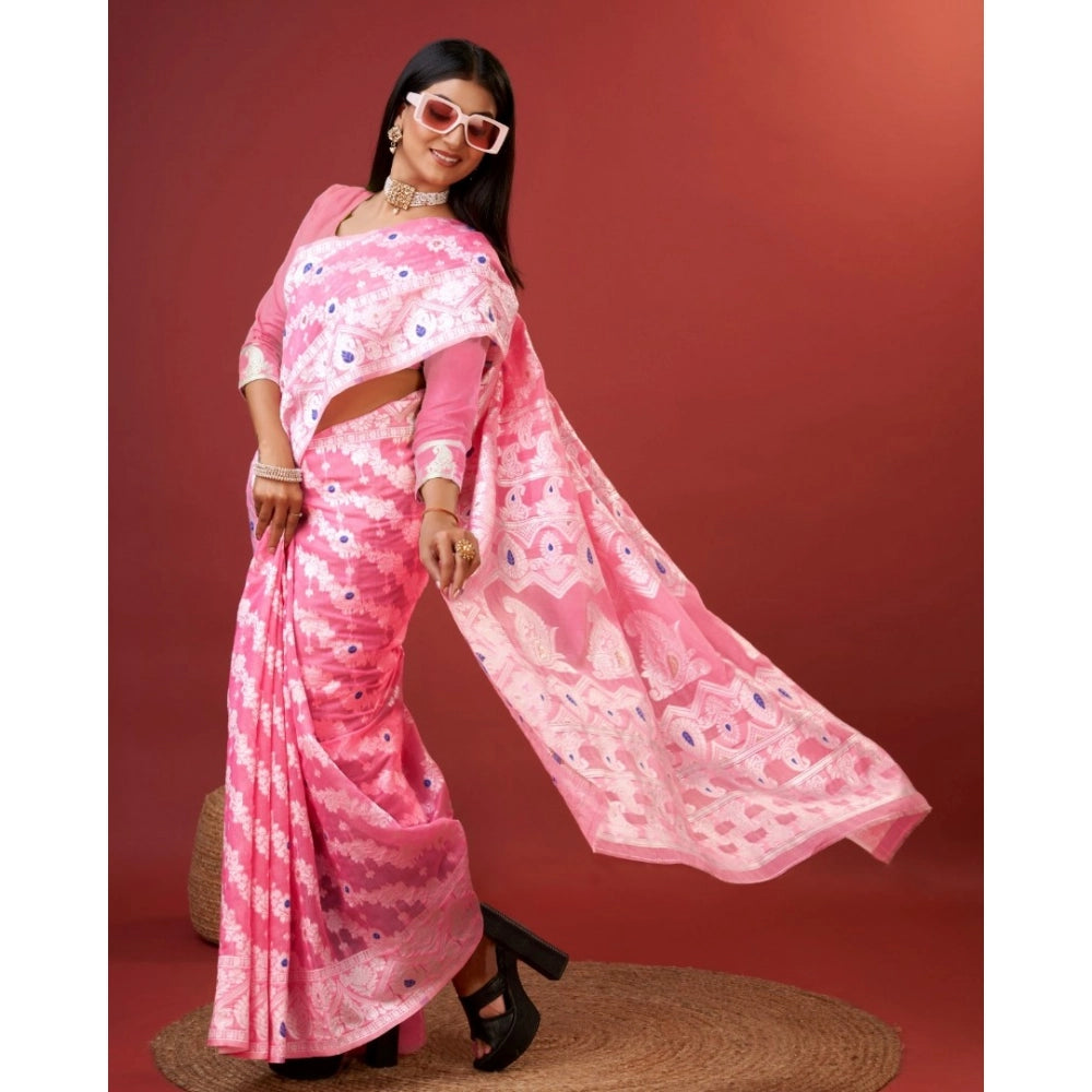 Amfyn Women's Cotton Silk Printed Saree With Unstitched Blouse 5.5Mtr (Pink)