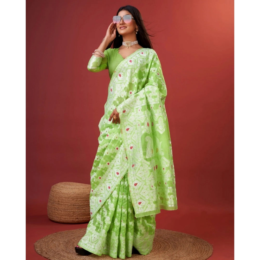 Amfyn Women's Cotton Silk Printed Saree With Unstitched Blouse 5.5Mtr (Light Green)