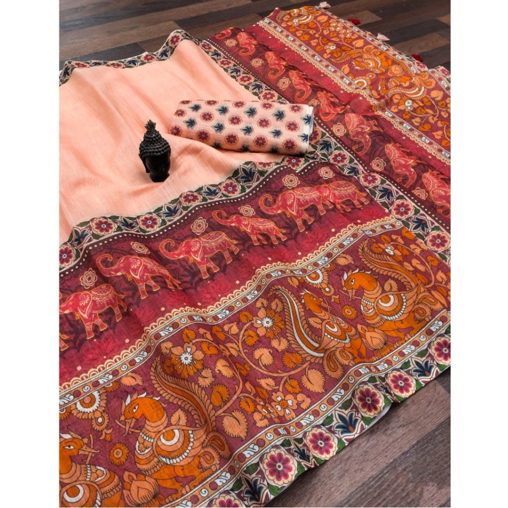 Amfyn Women's linen Digital Print Saree With Unstitched Blouse 5.5Mtr (Peach)