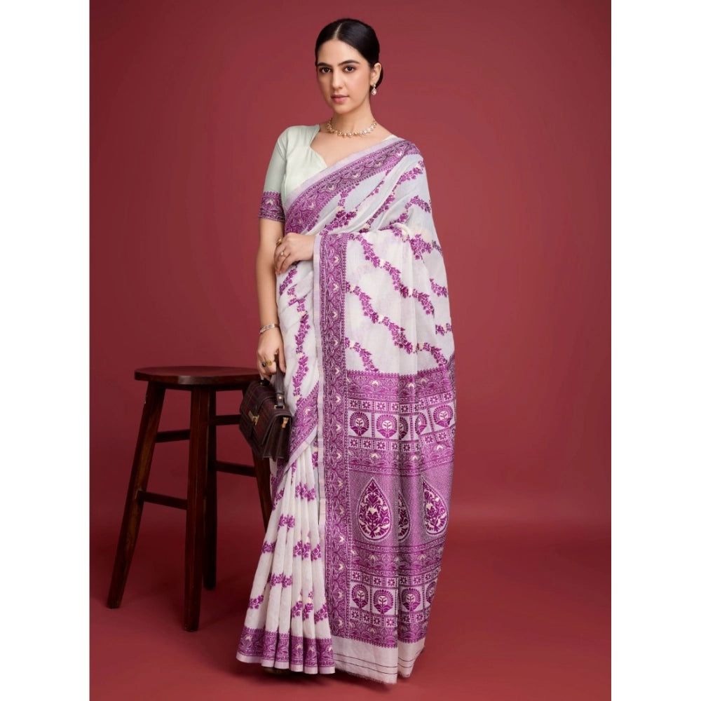 Amfyn Women's Jamdani Cotton Silk Printed Saree With Unstitched Blouse 5.5Mtr (Wine)