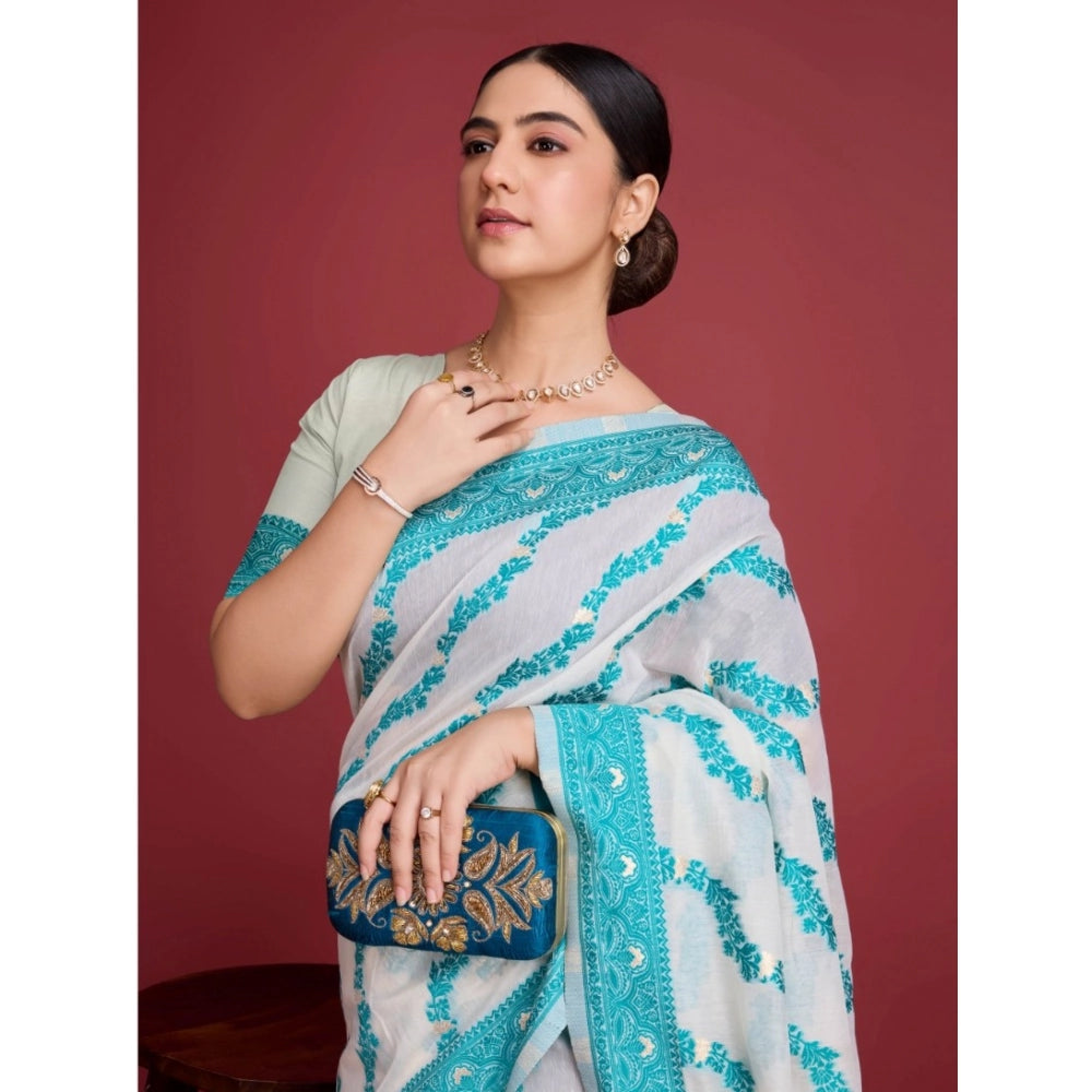 Amfyn Women's Jamdani Cotton Silk Printed Saree With Unstitched Blouse 5.5Mtr (Rama)