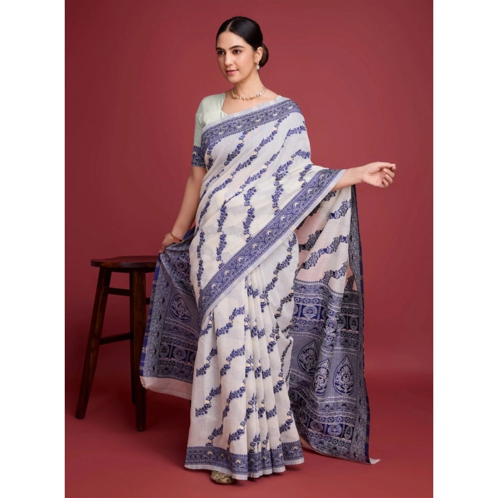 Amfyn Women's Jamdani Cotton Silk Printed Saree With Unstitched Blouse 5.5Mtr (Navy Blue)