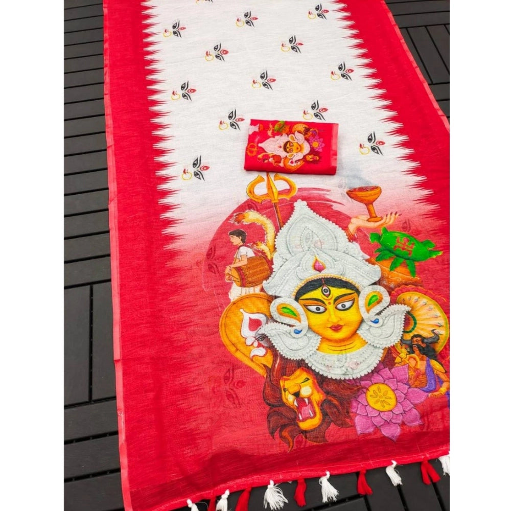 Amfyn Women's linen Digital Print Saree With Unstitched Blouse 5.5Mtr (White)