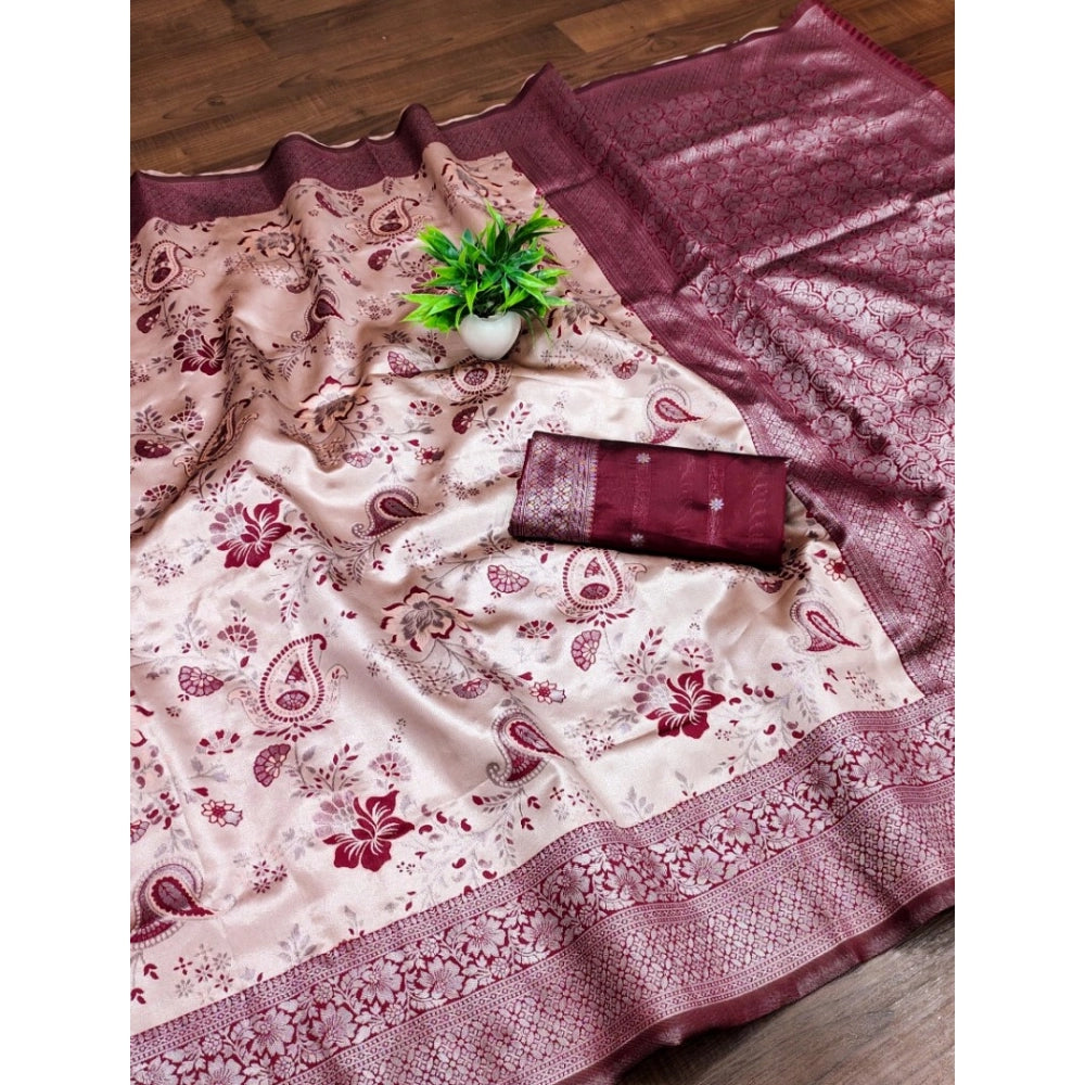Amfyn Women's Banarasi Jacquard Printed Saree With Unstitched Blouse 5.5Mtr (Wine)
