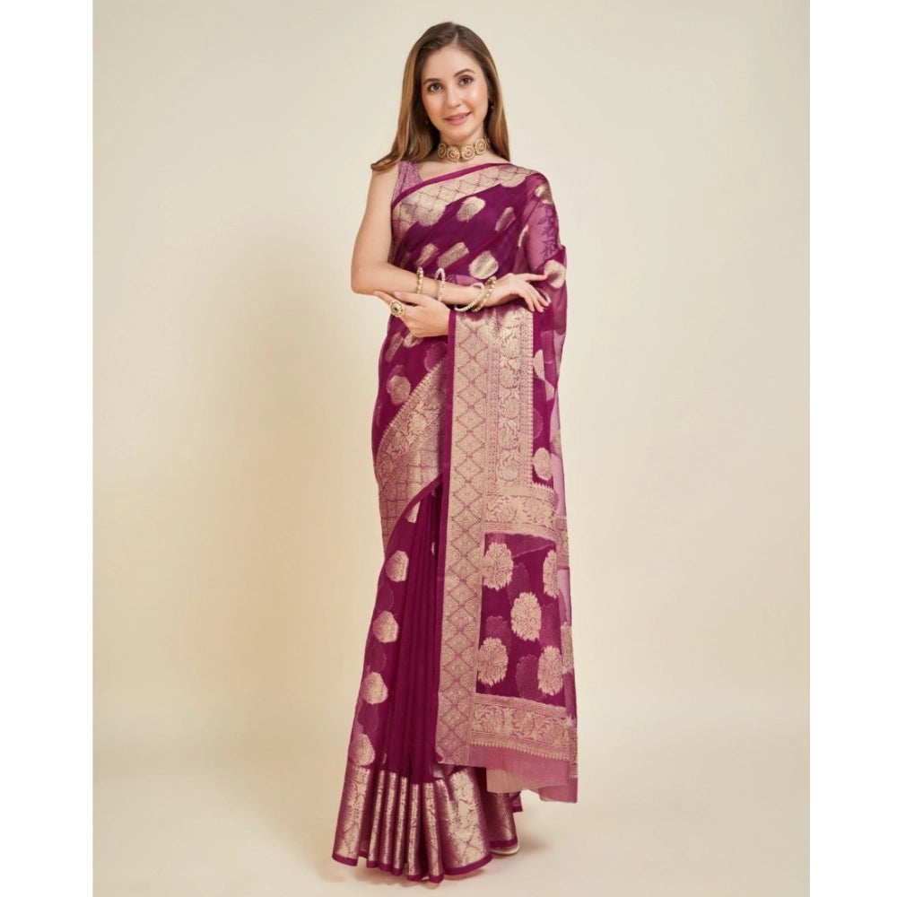 Amfyn Women's Soft Organza Silk Weaving Design Saree With Unstitched Blouse 5.5Mtr (Wine)