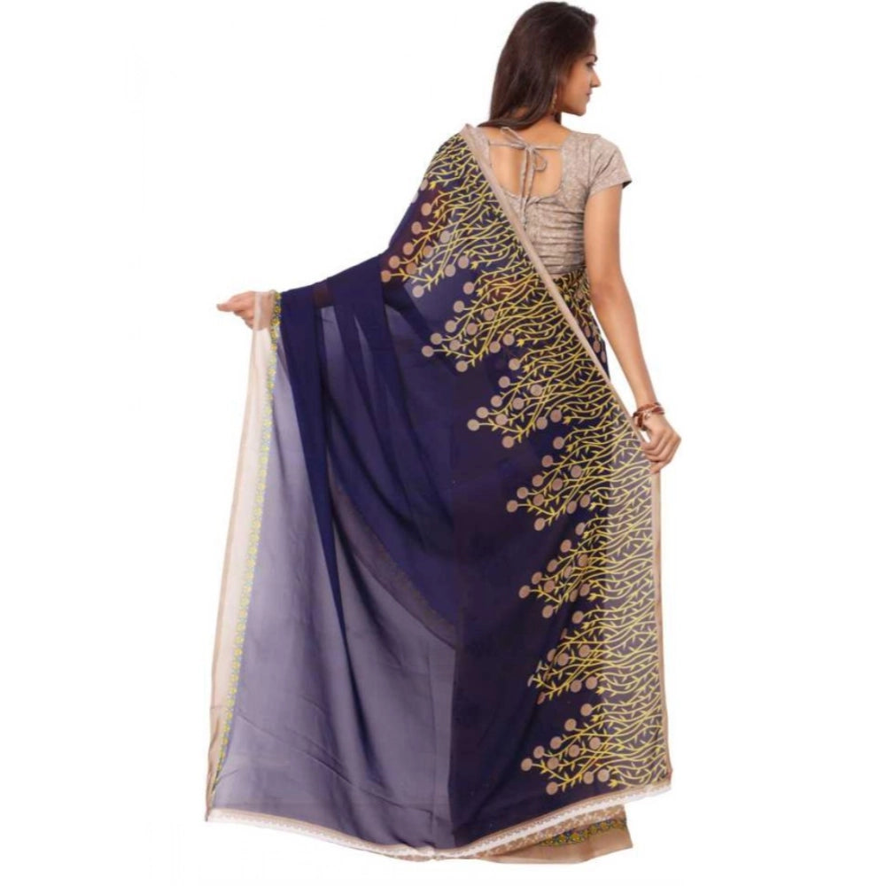Amfyn Women's Faux Georgette Printed Saree With Unstitched Blouse 5.5Mtr (Blue)