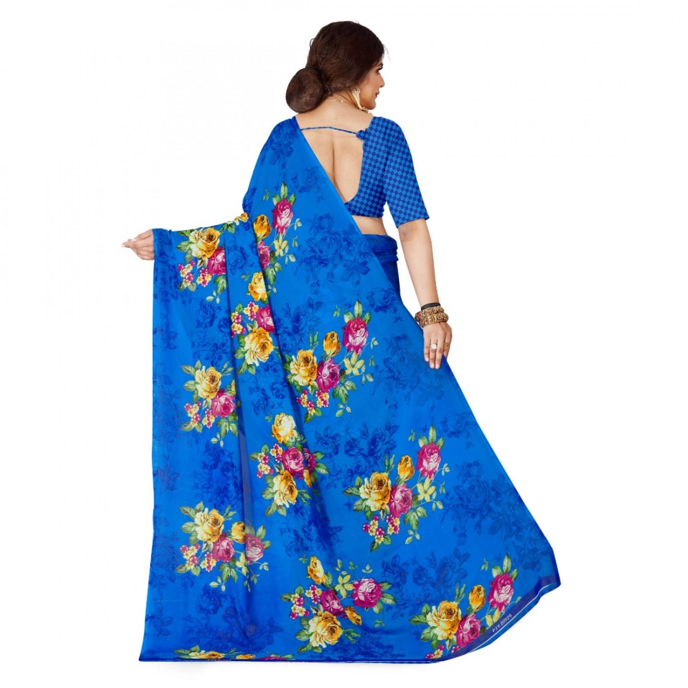 Amfyn Women's Faux Georgette Printed Saree With Unstitched Blouse 5.5Mtr (Blue)