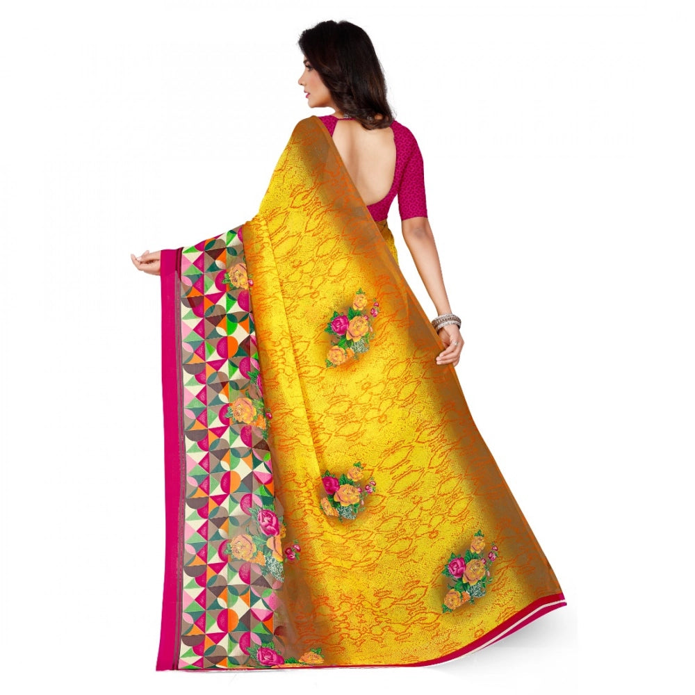Amfyn Women's Faux Georgette Printed Saree With Unstitched Blouse 5.5Mtr (Yellow)