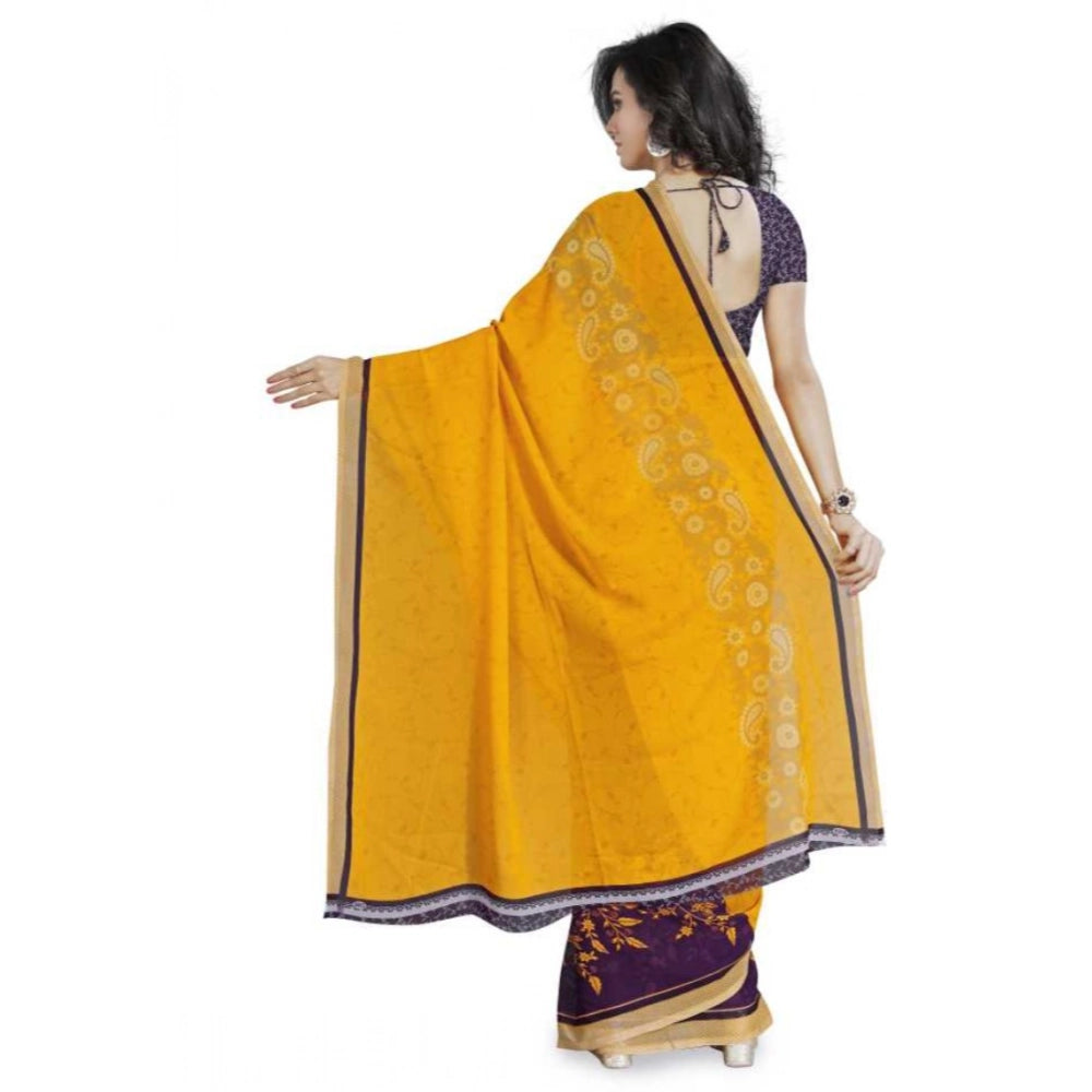 Amfyn Women's Faux Georgette Printed Saree With Unstitched Blouse 5.5Mtr (Yellow)