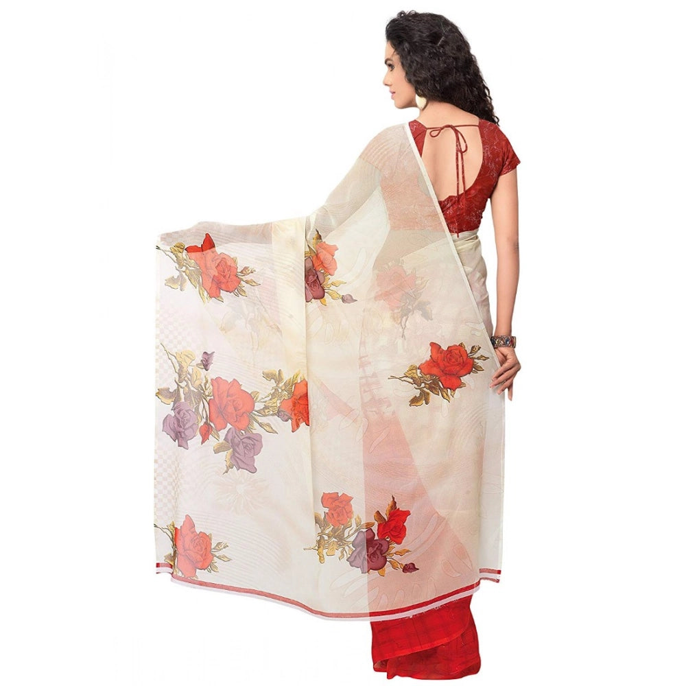 Amfyn Women's Faux Georgette Printed Saree With Unstitched Blouse 5.5Mtr (Red)