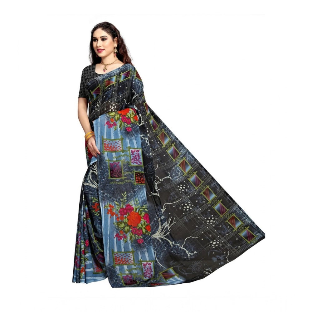 Amfyn Women's Georgette Printed Saree With Unstitched Blouse 5.5Mtr (Blue)