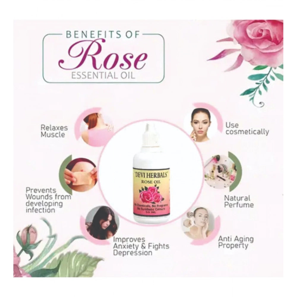 Rose essential oil bottle with gold label and pink rose, white dropper cap, 50 ml