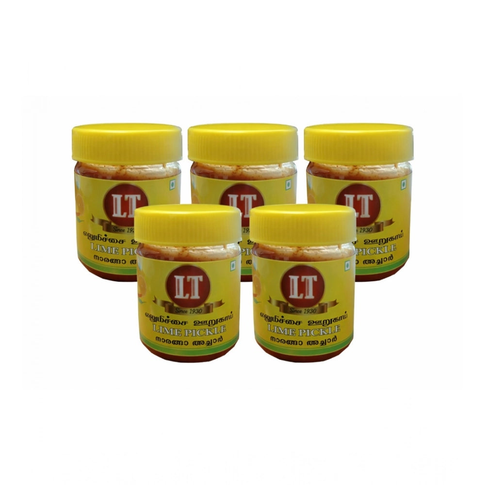 Pack of 5 red lemon pickle jars with yellow screw lids