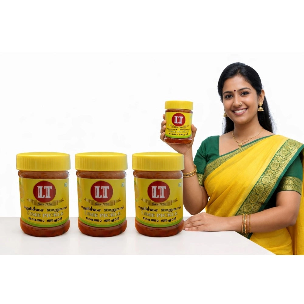 Three lemon pickle jars with yellow lids; one held by woman in yellow sari