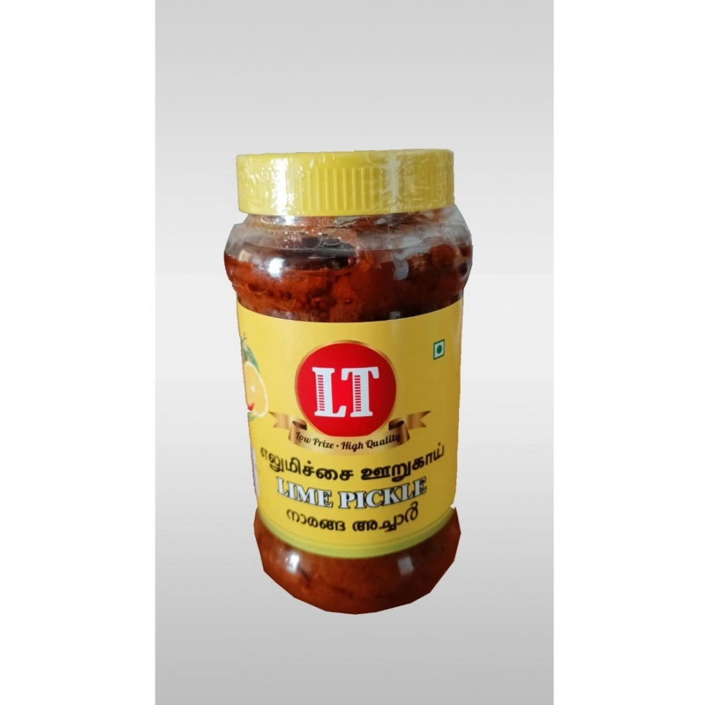 Red lime pickle in glass jar with yellow lid and LT label