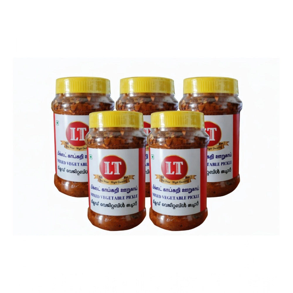 Pack of 5 red vegetable pickle bottles with yellow caps