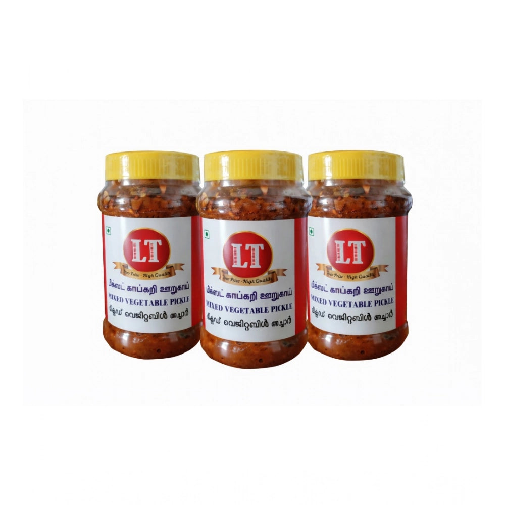 Pack of three red mixed vegetable pickle jars with yellow caps
