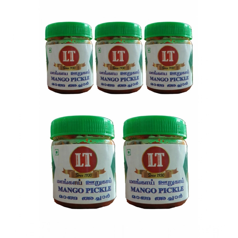 Pack of 5 mango pickle jars with green caps and red label