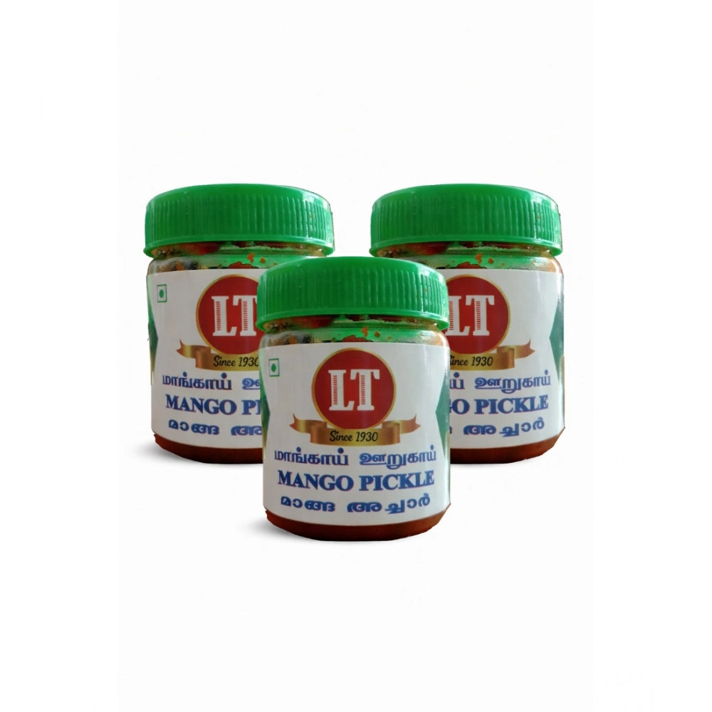 Pack of 3 mango pickle jars with green lids, red and white labels.
