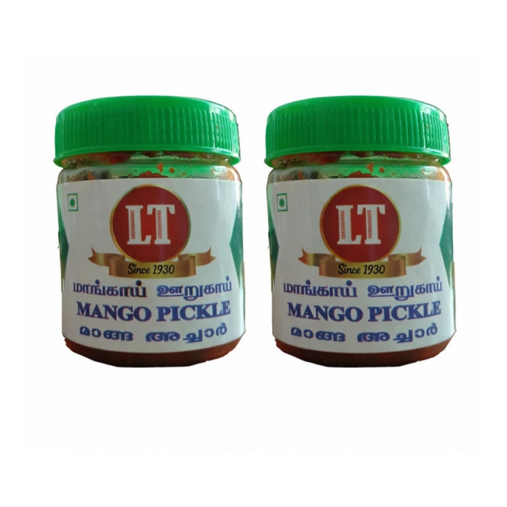 Pack of 2 red mango pickle jars with green caps and LT branding