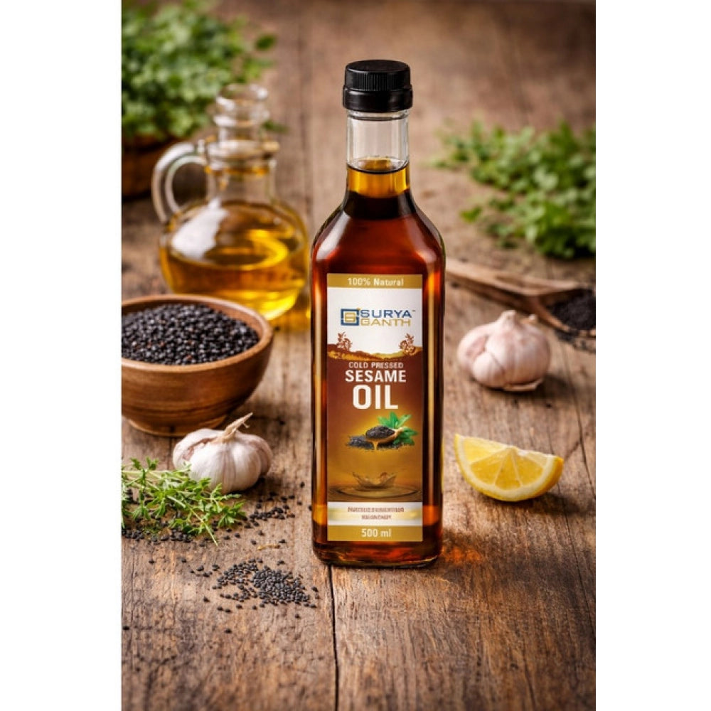 Sesame oil bottle with black cap, amber liquid, label for cold-pressed natural sedimentation