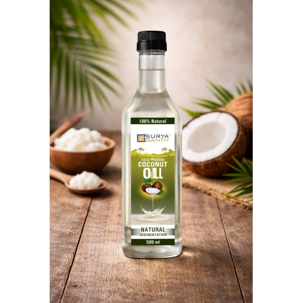 Cold-pressed coconut oil bottle with natural sedimentation label, 500 ml, black cap