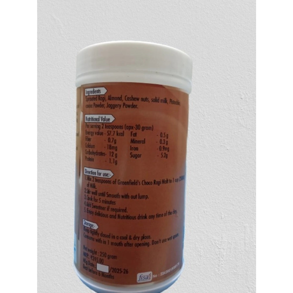Greenfield's sprouted choco ragi malt powder jar, back nutrition label, 250 g