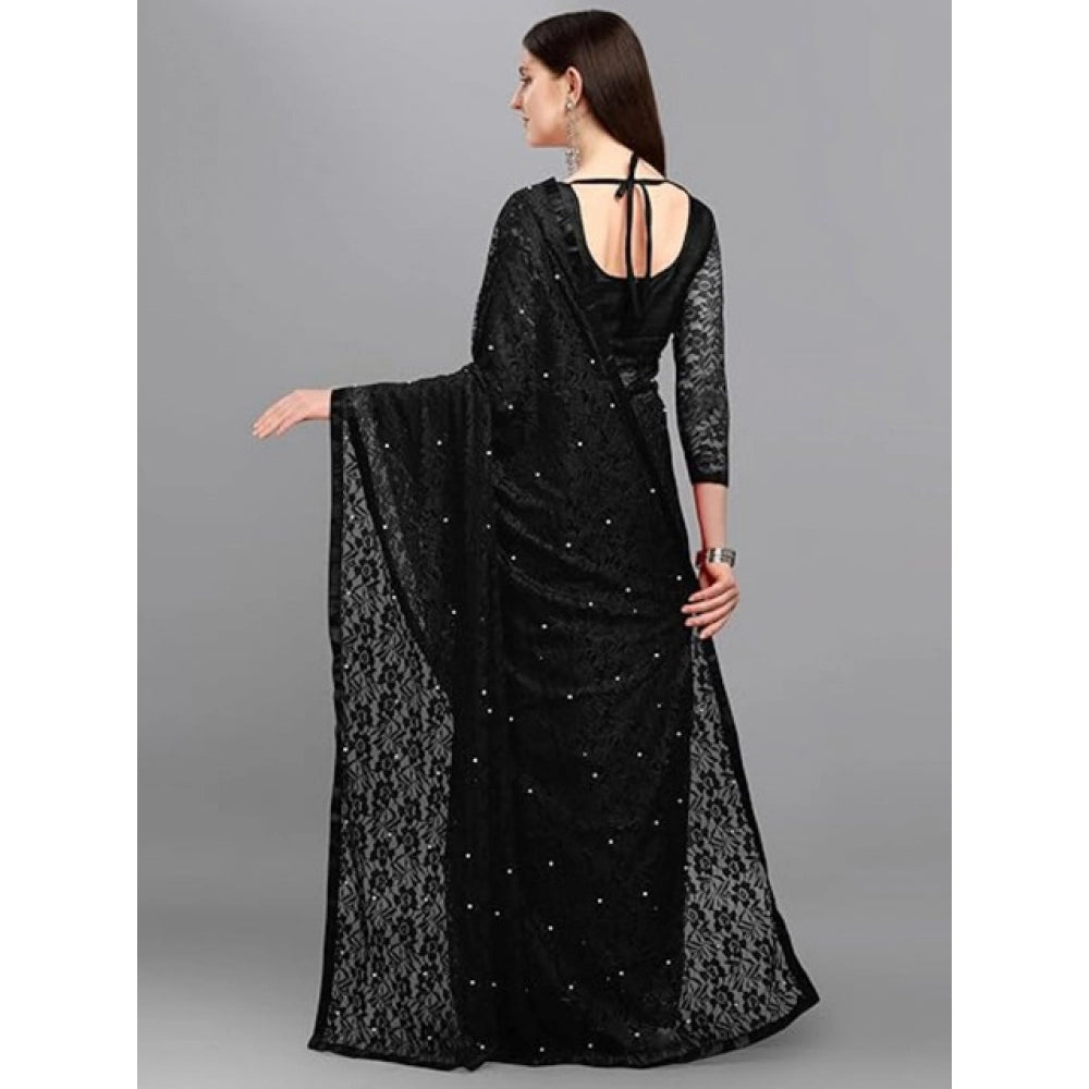 Amfyn Women's Net Self Design Saree With Unstitched Blouse 5.5Mtr (Black)