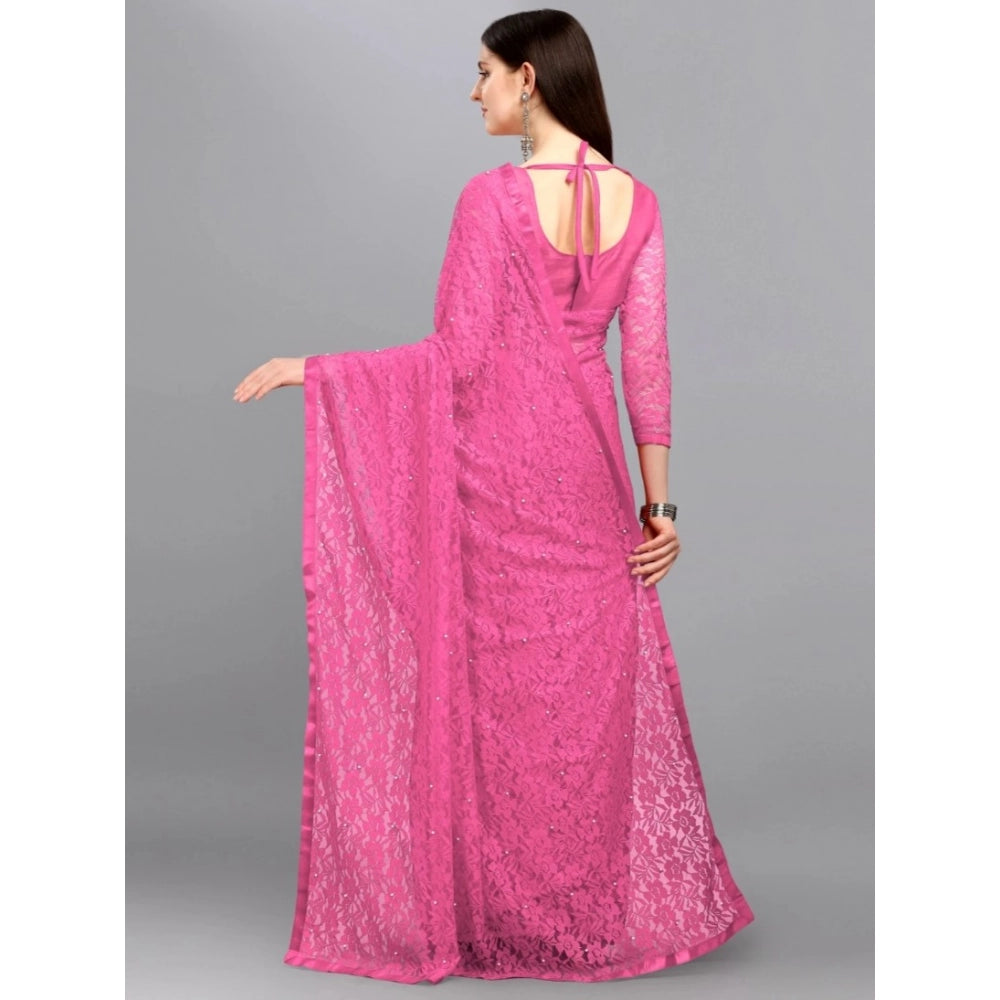 Amfyn Women's Net Self Design Saree With Unstitched Blouse 5.5Mtr (Dark Pink)