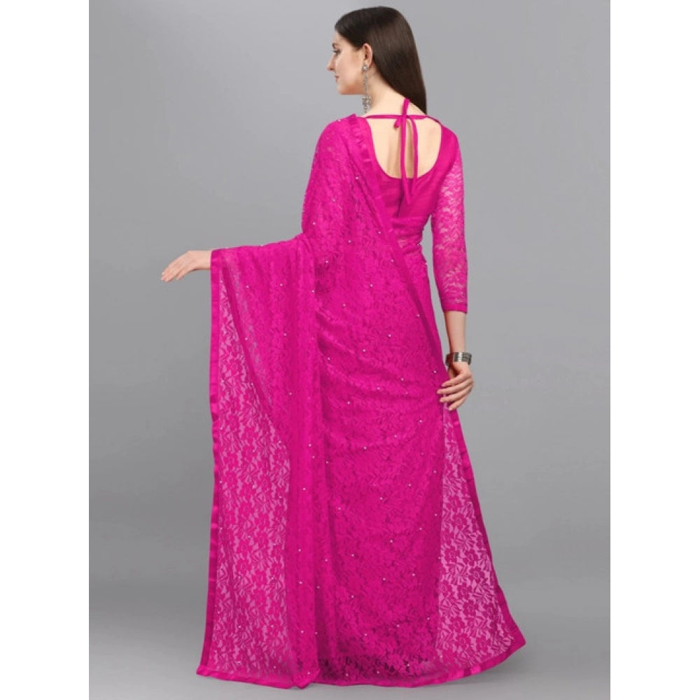 Amfyn Women's Net Self Design Saree With Unstitched Blouse 5.5Mtr (Rani)