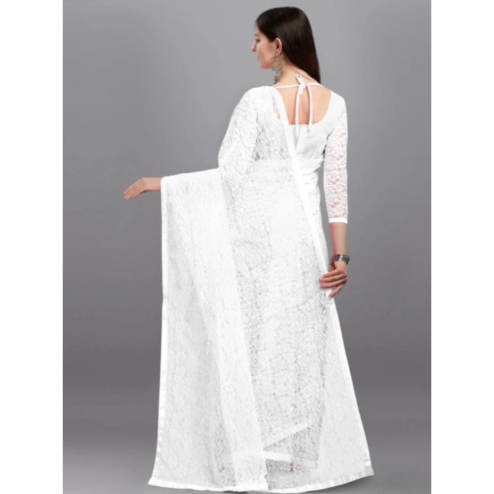 Amfyn Women's Net Self Design Saree With Unstitched Blouse 5.5Mtr (White)