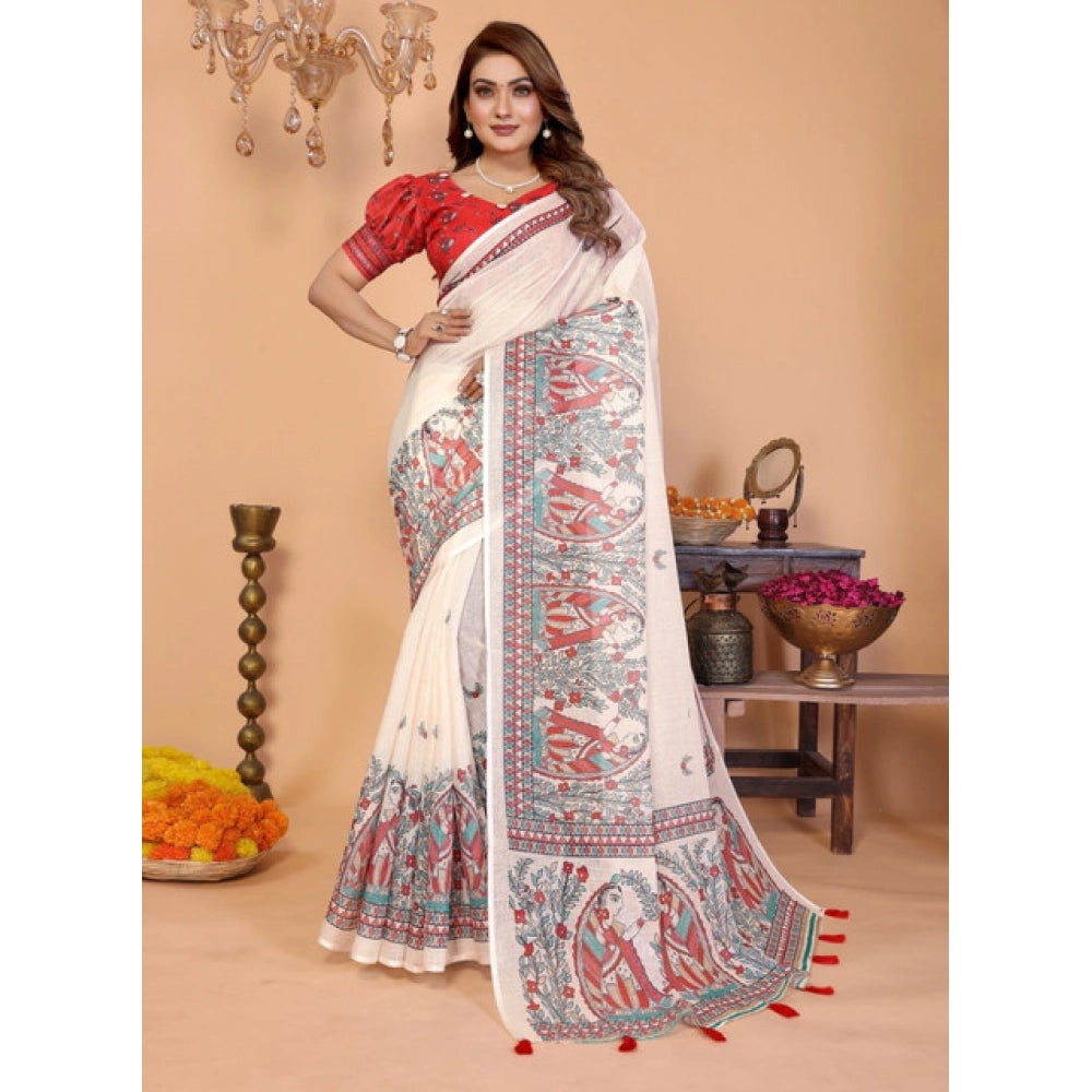 Amfyn Women's Linen Cotton Printed Saree With Unstitched Blouse 5.5Mtr (Off White)