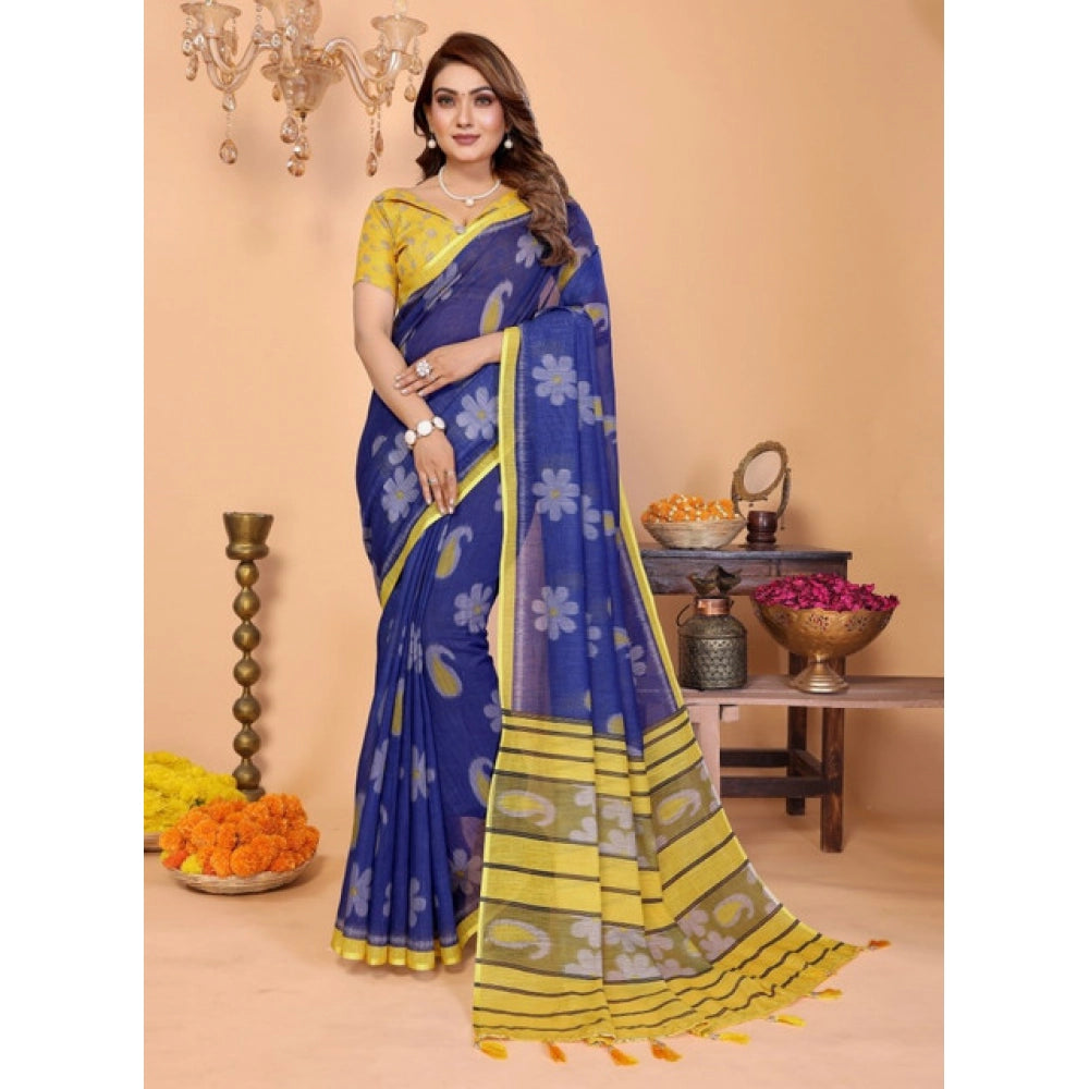 Amfyn Women's Linen Cotton Printed Saree With Unstitched Blouse 5.5Mtr (Blue)