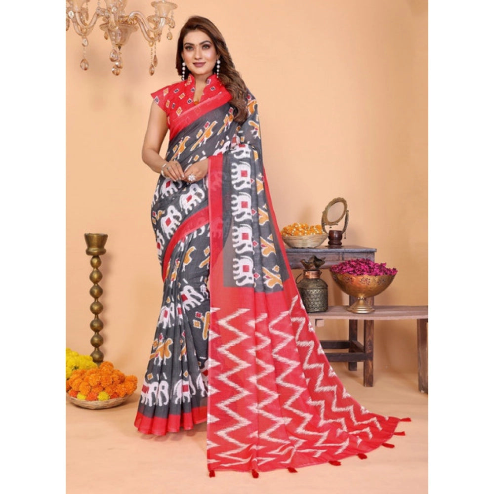 Amfyn Women's Linen Cotton Printed Saree With Unstitched Blouse 5.5Mtr (Grey)