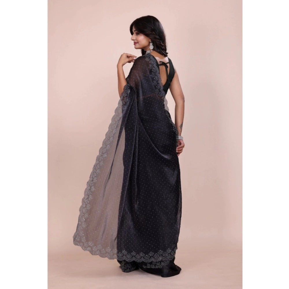 Amfyn Women's Jimmy choo Embellished Bollywood Saree With Unstitched Blouse 5.5Mtr (Black)