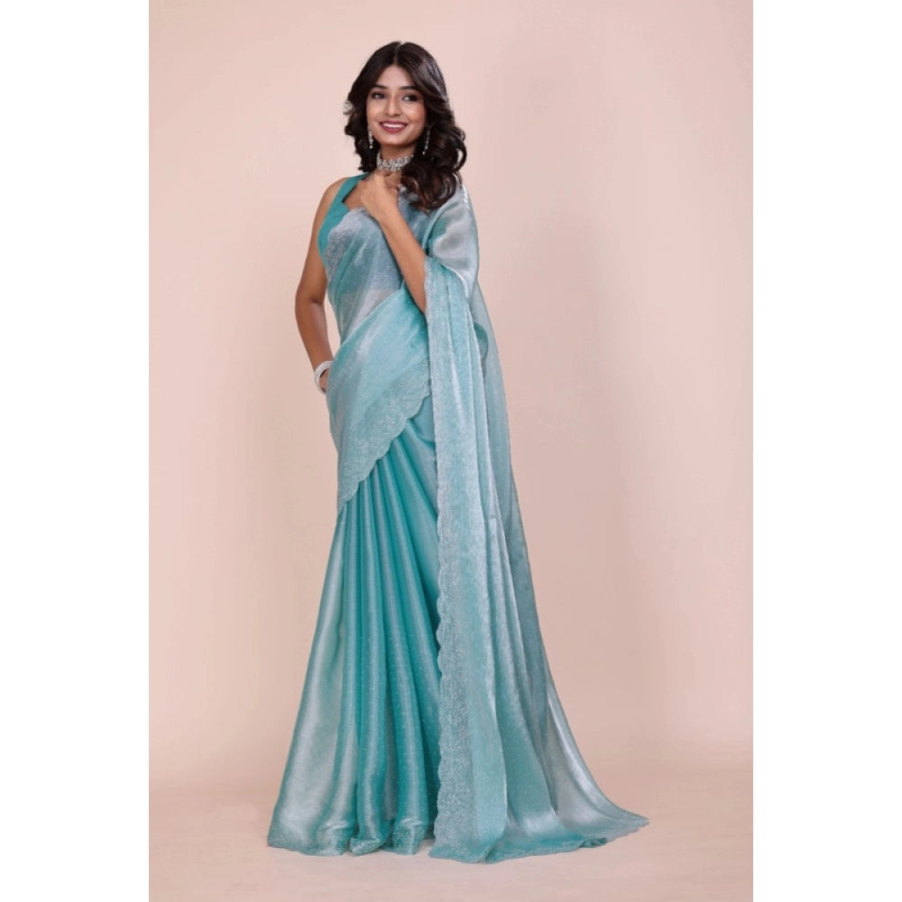 Amfyn Women's Jimmy choo Embellished Bollywood Saree With Unstitched Blouse 5.5Mtr (Light Blue)