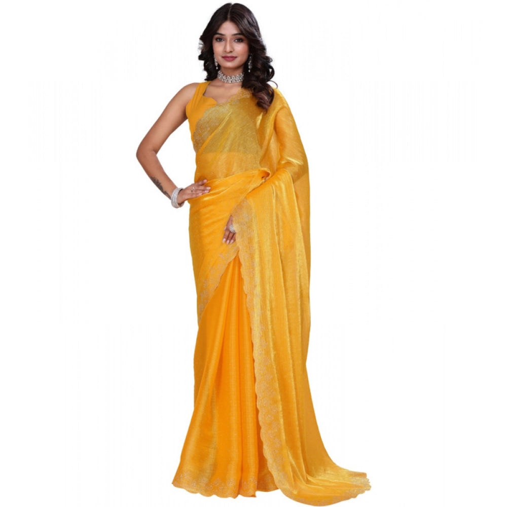 Amfyn Women's Jimmy choo Embellished Bollywood Saree With Unstitched Blouse 5.5Mtr (Mustard)