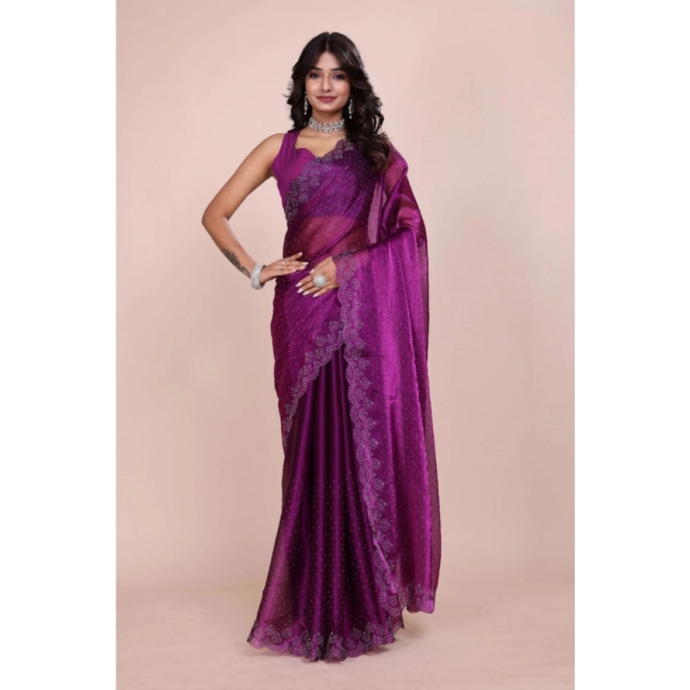 Amfyn Women's Tissue Pure Silk Embellished Bollywood Saree With Unstitched Blouse 5.5Mtr (Purple)