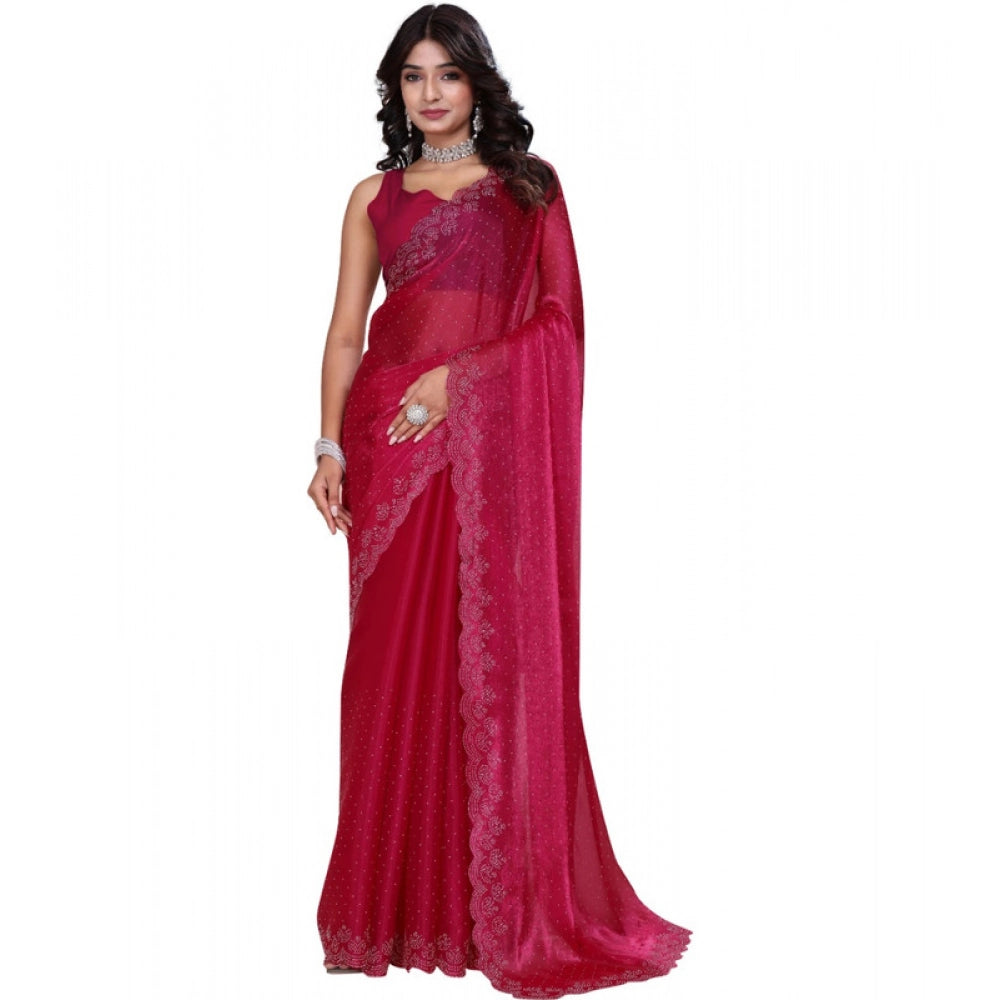 Amfyn Women's Jimmy choo Embellished Bollywood Saree With Unstitched Blouse 5.5Mtr (Red)