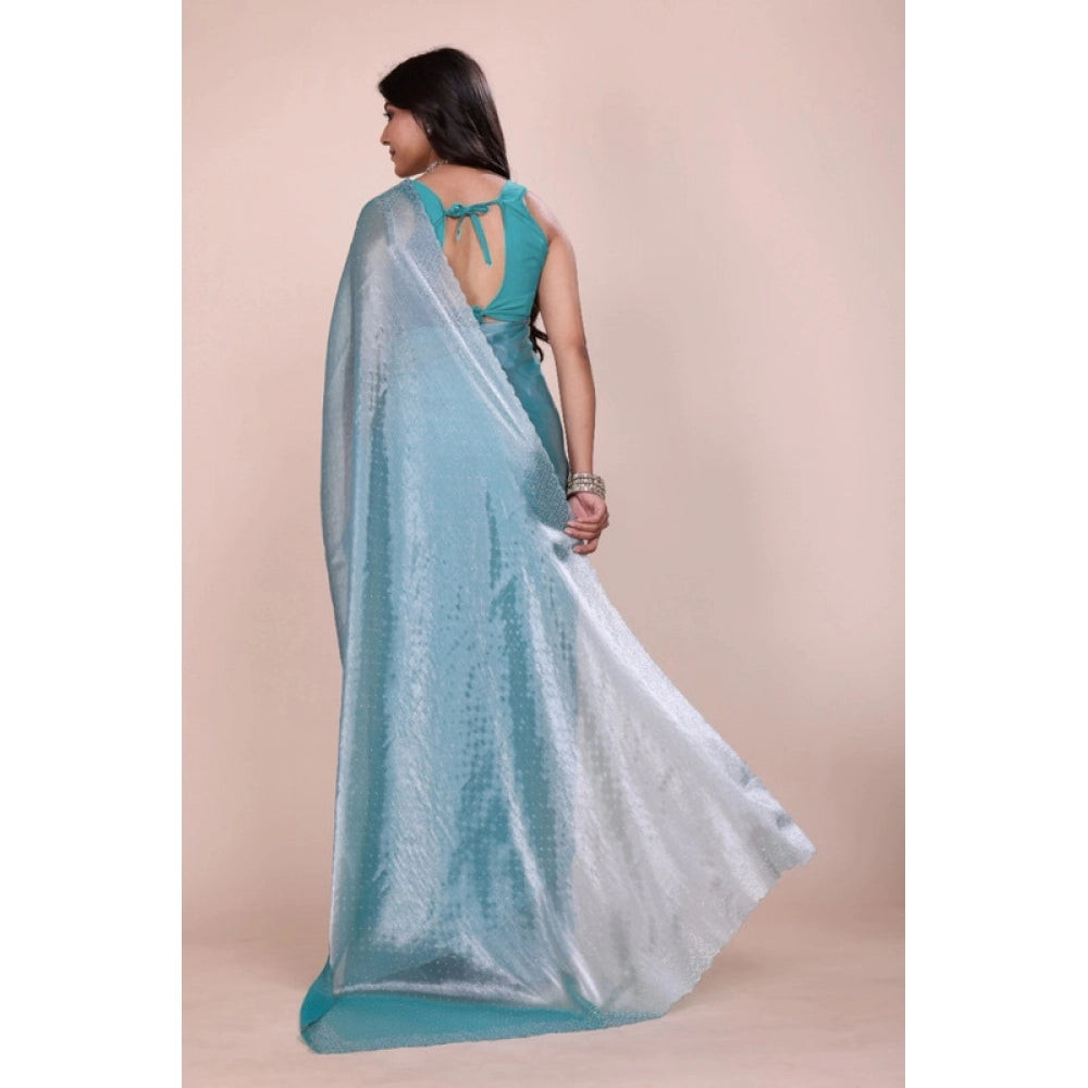 Amfyn Women's Jimmy choo Embellished Bollywood Saree With Unstitched Blouse 5.5Mtr (Light Blue)