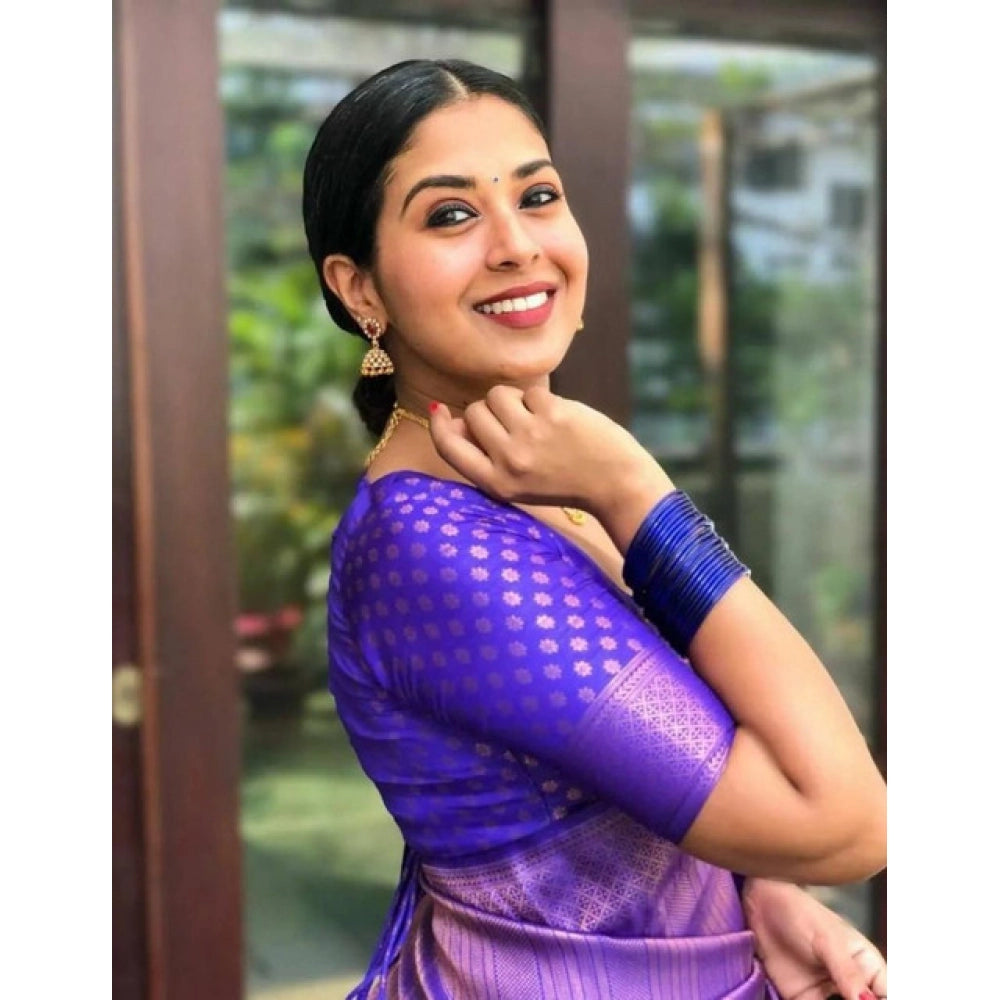 Amfyn Women's Litchi silk Printed Saree With Unstitched Blouse (Purple)