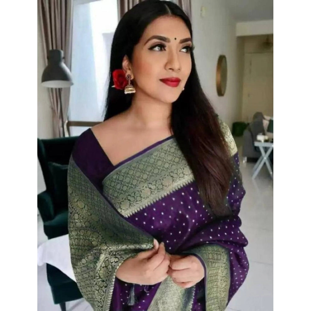 Amfyn Women's Litchi silk Printed Saree With Unstitched Blouse (Purple)