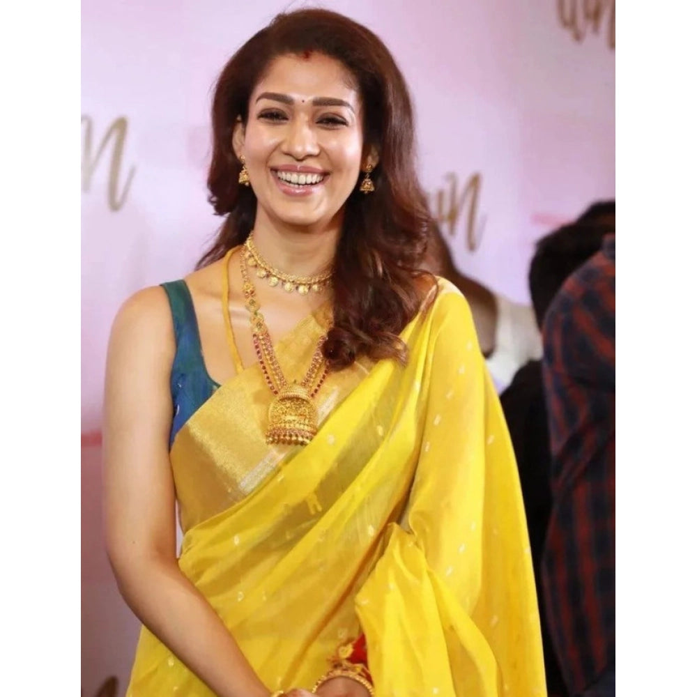 Amfyn Women's Litchi silk Printed Saree With Unstitched Blouse (Yellow)