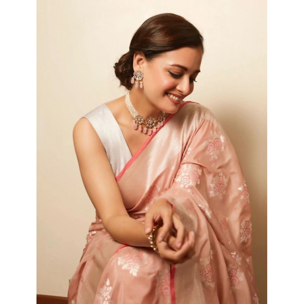 Amfyn Women's Litchi silk Printed Saree With Unstitched Blouse (Peach)