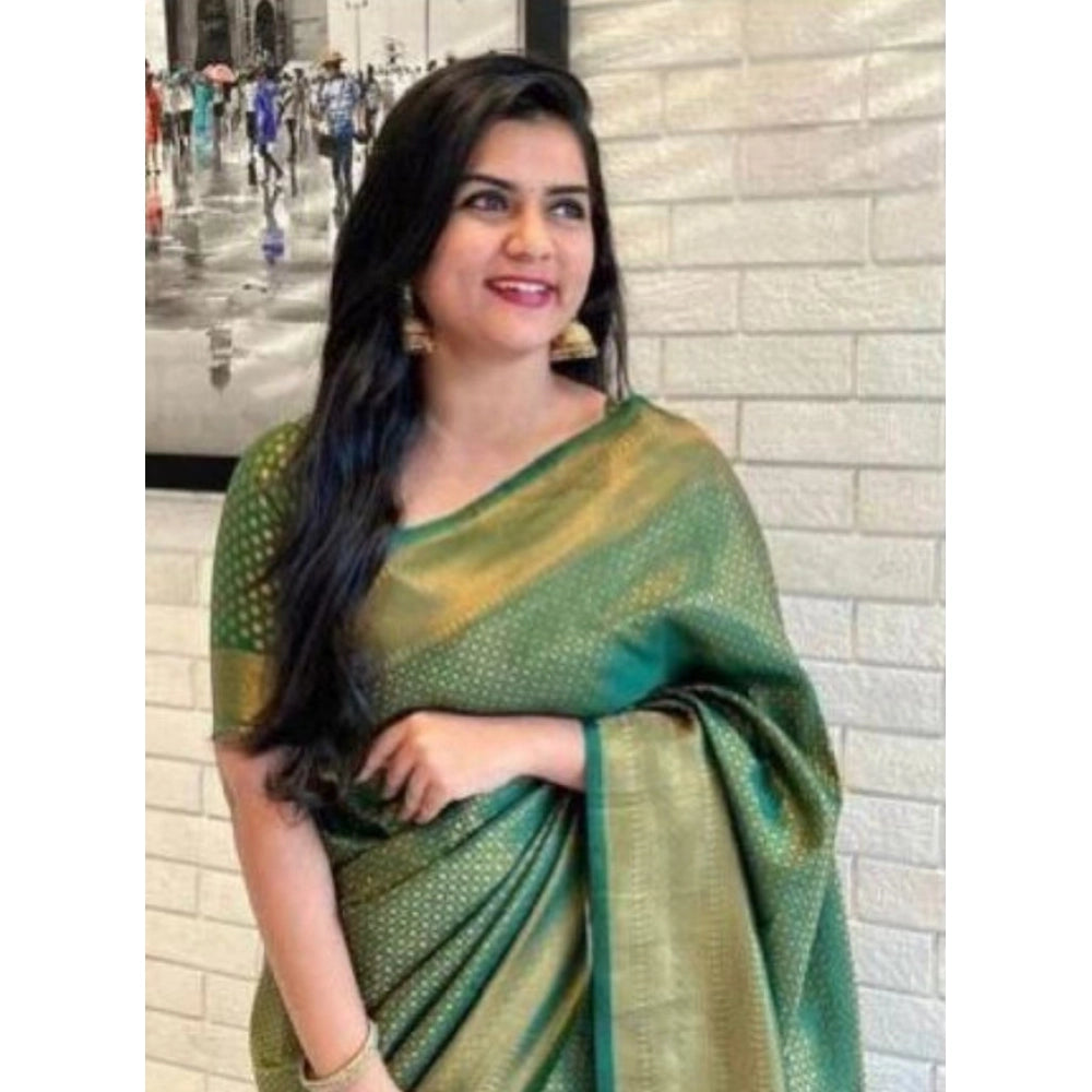Amfyn Women's Litchi silk Printed Saree With Unstitched Blouse (Green)